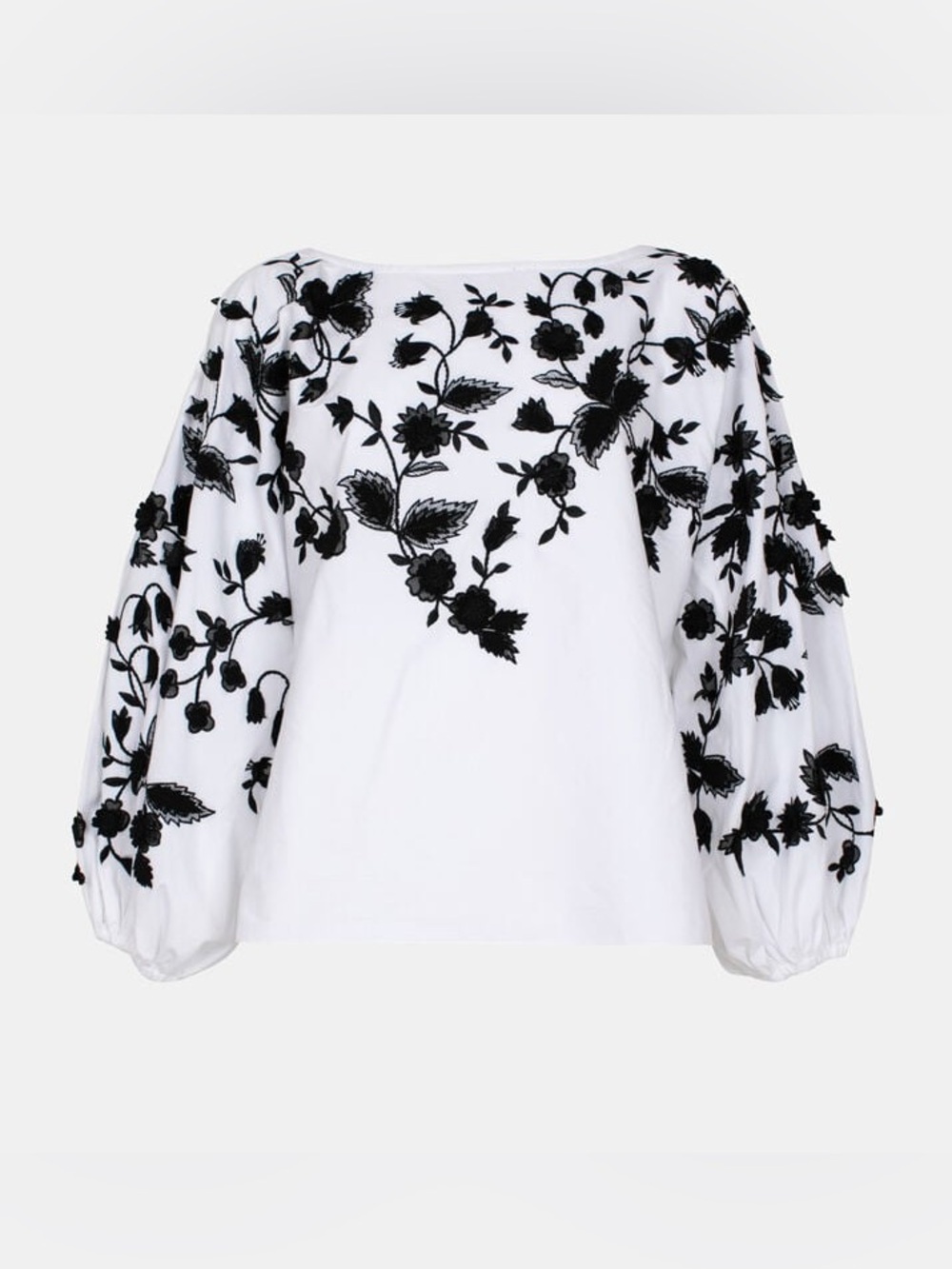 Carolina Herrera 3-D embroidered White Black Floral Cotton Puff Sleeve Top 10 - Picture 2 of 6